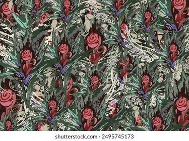 Decorative backdrop created by red rose and butterfly motifs for textiles or fabrics. Dark blossoming flowers and butterfly wings for home decor, business concepts, cover, scrapbooking, tiles, fashion