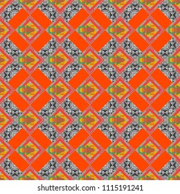 Decorative backdrop in gray, beige and orange colors can be used for wallpaper, pattern fills, page background, surface textures. Vector abstract geometric colorful seamless pattern for background.