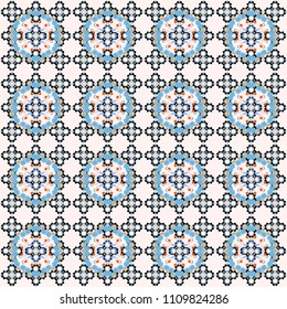 Decorative backdrop in gray, blue and orange colors can be used for wallpaper, pattern fills, page background, surface textures. Vector abstract geometric colorful seamless pattern for background.
