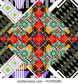 Decorative backdrop in green, white and black colors can be used for wallpaper, pattern fills, page background, surface textures. Vector abstract geometric colorful seamless pattern for background.