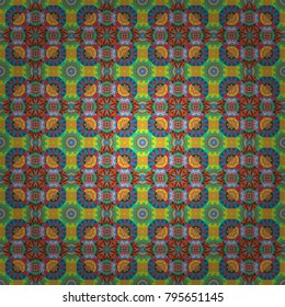 Decorative backdrop in orange, blue and green colors can be used for wallpaper, pattern fills, page background, surface textures. Vector abstract geometric colorful seamless pattern for background.