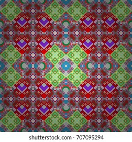 Decorative backdrop in red, green and brown colors can be used for wallpaper, pattern fills, page background, surface textures. Vector abstract geometric colorful seamless pattern for background.