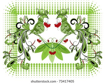 Decorative background with abstract birds green tones in national style