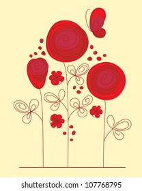 Decorative background with abstract hand drawn flowers and butterfly