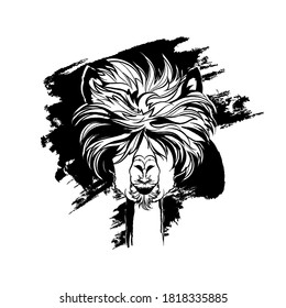 Decorative background with alpaca (head). Black and white illustration. Vector.