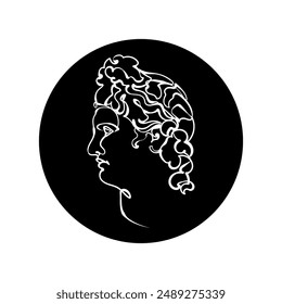 Decorative background with Apollo Belvedere (head) in black circle. Graphic drawing. Vector illustration.