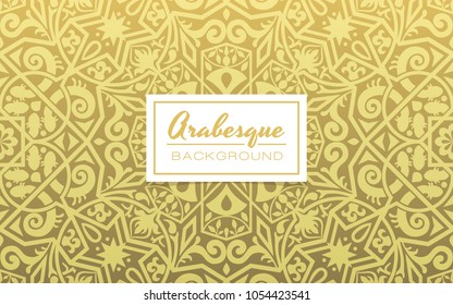 Decorative background in arabesque style. Golden gradient background with light texture. Vector illustration.