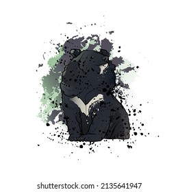 Decorative background with asian black bear. Card template design. Vector illustration.