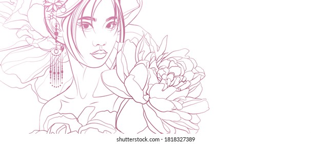 Decorative background with asian woman and flowers. Vector.