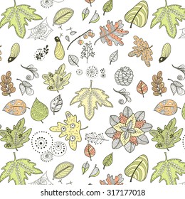 Decorative background of autumn leaves and objects in cartoon style