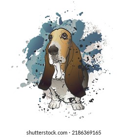 Decorative background with Basset Hound. Card template design. Vector illustration.