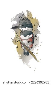 Decorative background with belted kingfisher (Megaceryle alcyon) and splashes. Card template design. Vector illustration.