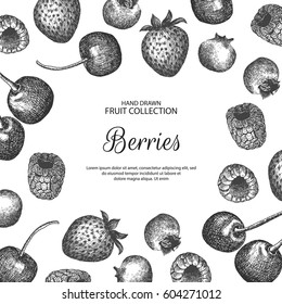Decorative background with berries. Can be label and banner for natural or organic fruit product and health care goods. 