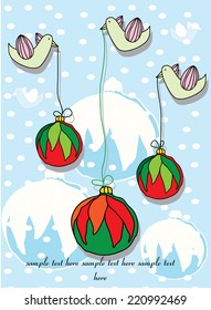 decorative background with birds who keep Christmas balls,