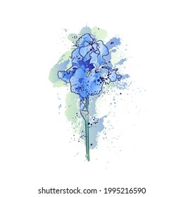 Dekorativer Hintergrund mit blauer Irisblume. Kartenvorlagendesign. Vektorgrafik.