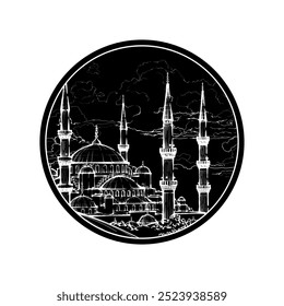 Decorative background with Blue Mosque (Sultan Ahmed Mosque) in black circle. Graphic drawing. Vector illustration.