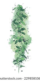 Fondo decorativo con ramas y salpicaduras. Rama con hojas verdes. Ilustración vectorial.