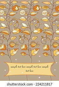decorative background with branches, flowers and brown text
