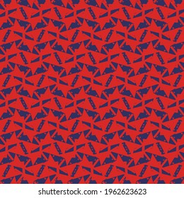 Decorative background, in bright red and blue, composed of angular and sharp shapes. Textile design.