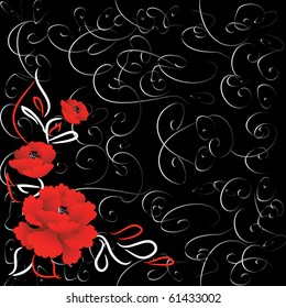 Decorative background with bright red roses, grey swirls and free space for your text (eps8)