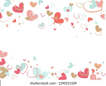 Decorative background with brush painted hearts on white backdrop. Flat vector texture. Elegant simple Valentine's day, women's day, Mother's day, birthday card, wedding invitation design.