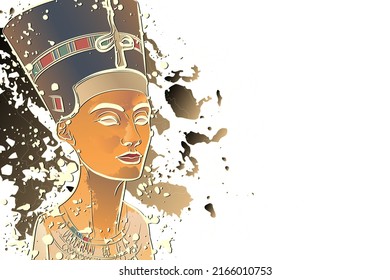 Decorative background with bust of Nefertiti. Card template design. Vector illustration.