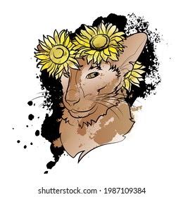 Fondo decorativo con cabeza de gato y flores. Diseño de plantilla de tarjeta. Impresión animal. Ilustración vectorial.