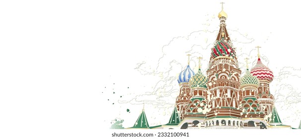 Decorative background with Cathedral of Vasily the Blessed (Saint Basil's Cathedral). Card template design. Vector illustration.