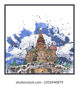 Decorative background with Cathedral of Vasily the Blessed (Saint Basil's Cathedral). Card template design. Vector illustration.