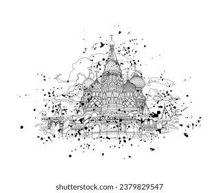 Decorative background with Cathedral of Vasily the Blessed (Saint Basil's Cathedral). Graphic drawing. Vector illustration.