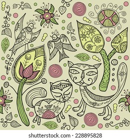 decorative background with cats and birds