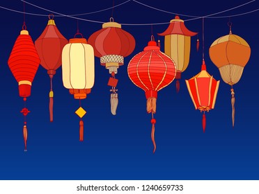 Decorative background with Chinese red paper street lanterns of various shapes and sizes. Backdrop with beautiful traditional Asian festival decorations. Colorful realistic vector illustration.