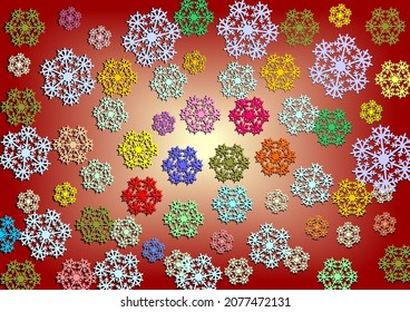 Decorative background, a collage made of multicolored snowflakes on a dark background