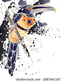 Decorative background with collared aracari (Pteroglossus torquatus). Card template design. Vector illustration.