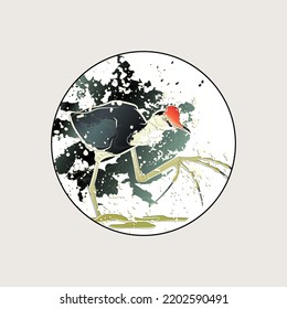 Decorative background with comb-crested jacana in circle. Card template design. Vector illustration.