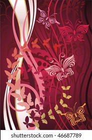 Decorative background for a congratulatory card with a vegetative ornament and butterflies.
