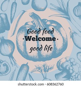 Decorative background consisting of fresh vegetables. Template for postcards and invitations