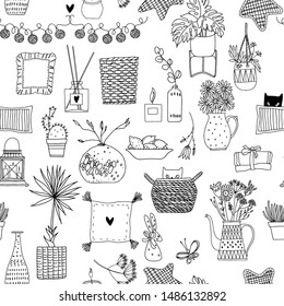 Decorative background with cozy home objects. Vector. Black and white illustration.