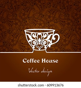 Decorative background with a cup of coffee from a white ribbon and text Coffee house. Stock vector.
