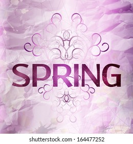 Decorative background with curls and "spring" lettering on light violet crumpled paper texture with fully editable splashes along the edges.