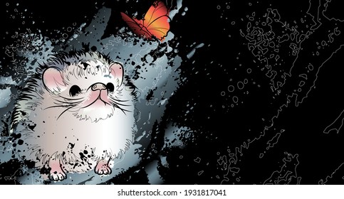 Decorative background with cute hedgehog and butterfly. Card template design. Vector illustration.