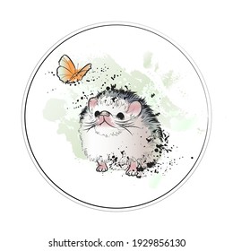 Decorative background with cute hedgehog and flying butterfly. Card template design. Vector illustration.