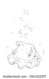 Decorative background with cute little octopus (flapjack octopus) and bubbles. Monochrome illustration. Vector.