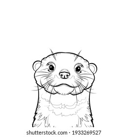 Decorative background with cute otter (head). Line drawing. Black and white illustration. Vector.