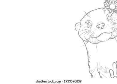 Decorative background with cute otter (head) and chamomile flower. Grey outline otter on white background. Vector illustration.