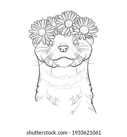 Decorative background with cute otter (head) and wreath of chamomile flowers. Line drawing. Black and white illustration. Vector.