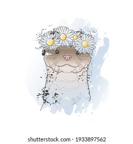 Decorative background with cute otter (head) and wreath of chamomile flowers. Card template design. Vector illustration. 