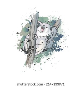 Decorative background with cute sleeping koala on branch. Card template design. Vector illustration. 