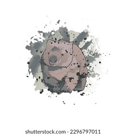 Decorative background with cute wombat and splashes. Card template design. Vector illustration.