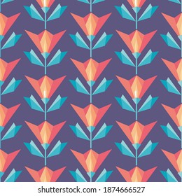 Diseño de fondo decorativo. Flores y hojas de arte vectorial moderno de mediados de siglo. Resumen del patrón geométrico sin costuras. Decoración florida de estilo retro vintage. 